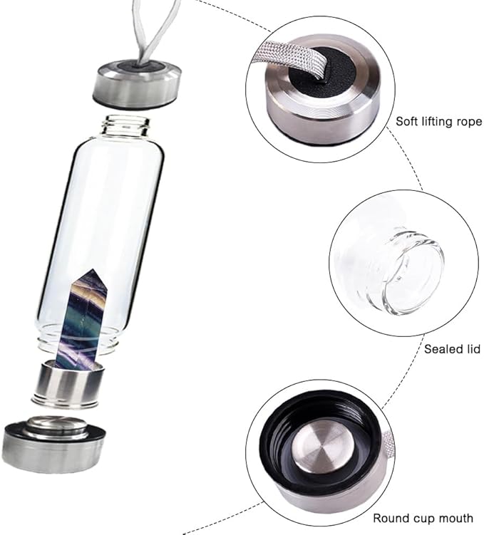 Crystal Glass Water Bottle,Water Bottle With Gemstone Center Crystal Elixir Bottle,Removable Gemstones Creative Water Cup Crystal Column Magic Wand Energy Cup for Gifts (H-Dark Colorful Fluorite)