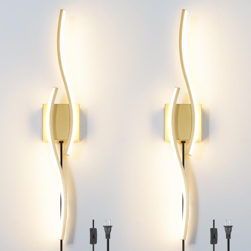 Daunton Modern Gold Wall Sconce Set of 2, Dimmable LED Light Fixture, 27.5in, Plug-in Cord, Remote Control, Metal