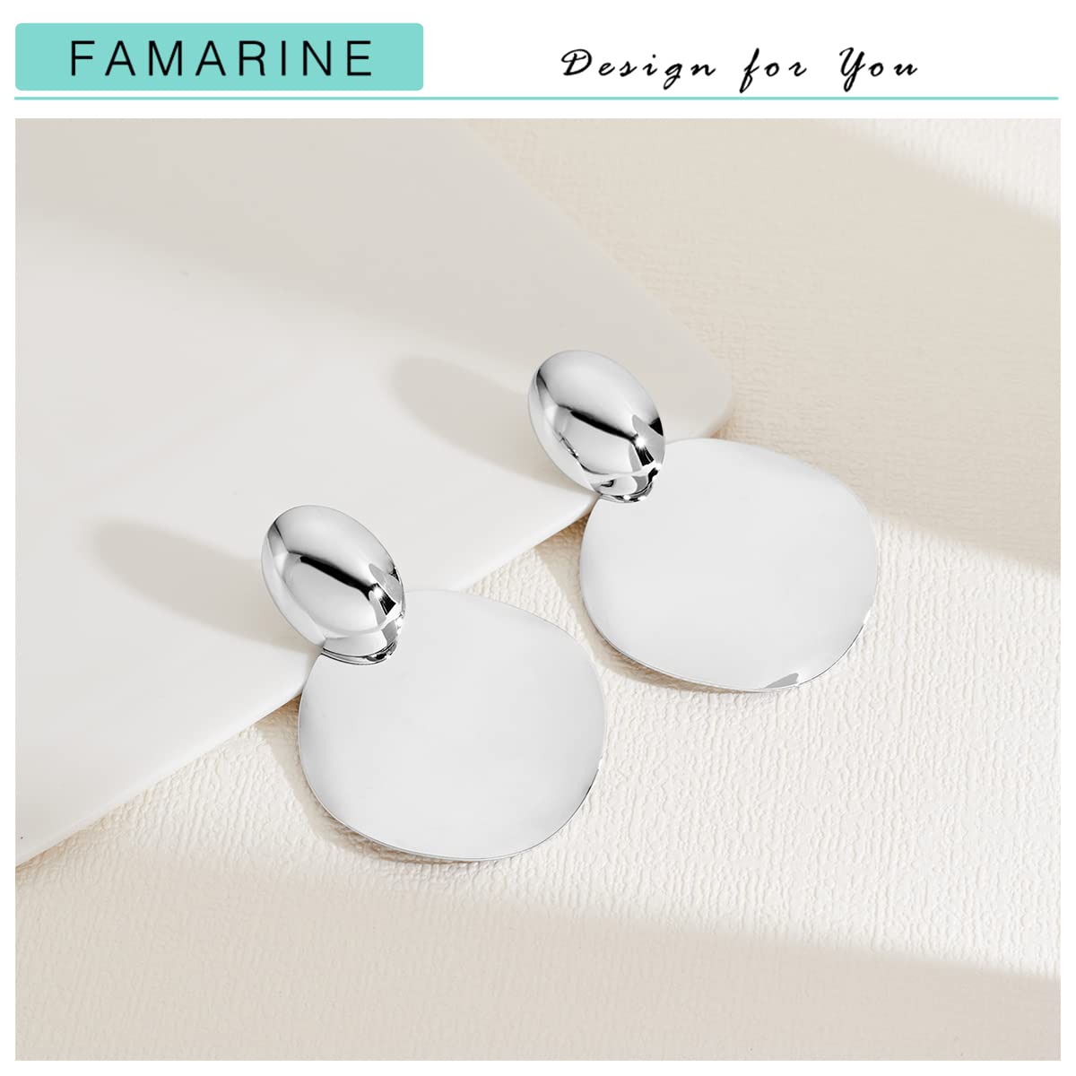 FAMARINE Silver Big Disc Statement Earrings Smooth Round Hammered Dangle Earrings for Women Earrings Fashion Jewelry