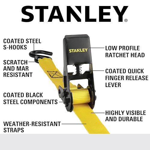 STANLEY S9500 Black/Yellow 1" x 10' Ratchet Straps - Light Cargo (300 lb Working Load / 900 lb Break Strength), 4 Pack