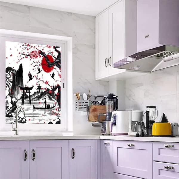 Vintage Japanese Style Decorative Window Film Abstract Ink Japanese Landscape Torii Gatekids Blackout Window Film,Cafe Lighted Window Film 23.6Wx47.2L-Inch X1Pcs