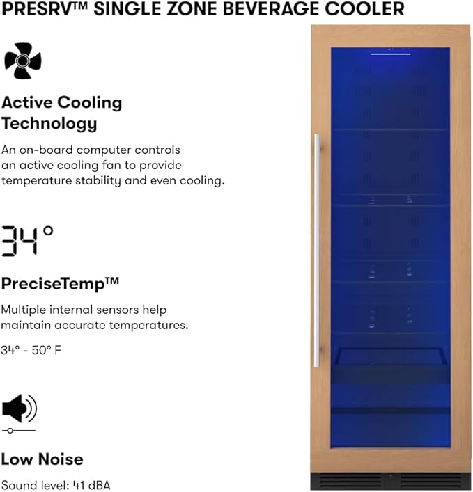 Zephyr 24 Inch Panel-Ready Wine Fridge & Beverage Refrigerator Single Zone Full Size - Tall Wine Cooler Cellars Large Bar Drink Freestanding w/Glass Door - 266x12oz cans & 14x750 ml bottles