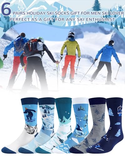 Maiteenly 6 Pairs Funny Ski Crew Socks Novelty Skiing Gift Socks Winter Snowboarding Gift for Ski Lovers Skiers Men Women