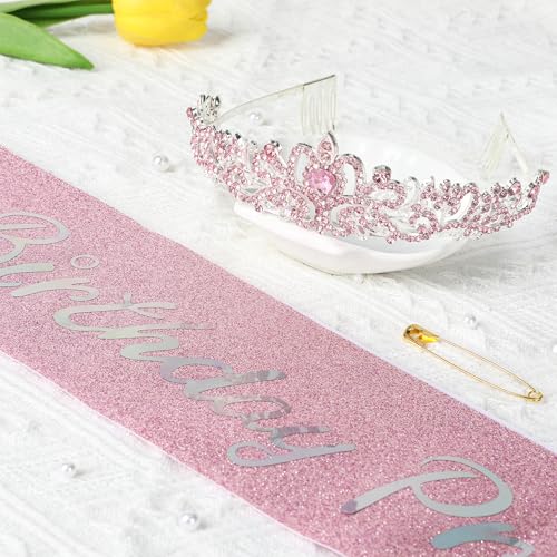 UlZDVUli Birthday Princess Crown, Birthday Princess Headband Tiara Sash Accessories Set for Women, Pink Crown Sash Decorat...