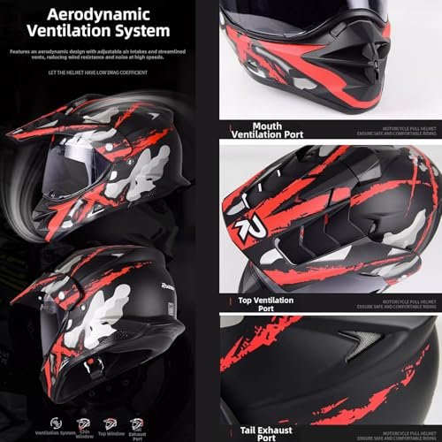 Motocross ATV Dirt Bike Off Road Full Face Motorcycle Helmet Dual Sport Casco DOT Approved Dual Visor Gift 1Black Lens&1 H...