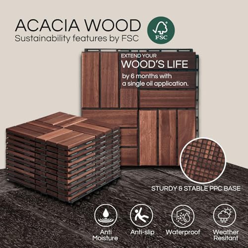 THYOI 10 Pcs Deck Tiles, Patio Flooring - Outdoor Waterproof Acacia Wood Tiles for All Weather Use - Balcony, Backyard, In...