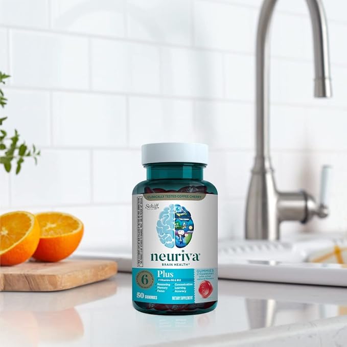 NEURIVA Plus Brain Supplement for Memory, Focus & Concentration + Cognitive Function with Nootropics Phosphatidylserine and Neurofactor, VIT B6 & B12, Strawberry Flavor, 50 Gummies (2 Pack)