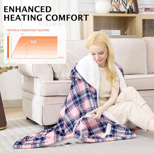 PTQ Electric Blanket Wearable Heated Shawl with Hood & Pockets – 6 Heat Settings, 4H Auto-Off, Flannel & Sherpa Reversibl...