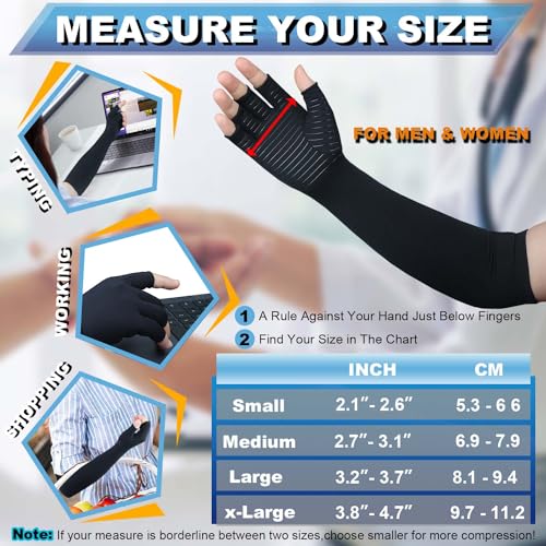 Copper Long Arthritis Gloves,Long Wrist Compression Arm Sleeve Carpal Tunnel Gloves, Fingerless Hand Compression Gloves fo...
