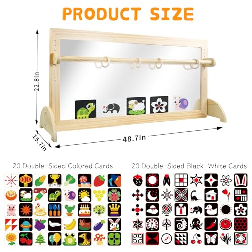 LAKNUAL Montessori Mirror with Bar, Adjustable Wood Baby Pull Up Bar, Floor & Wall Shatterproof Safety Infant Coordination...
