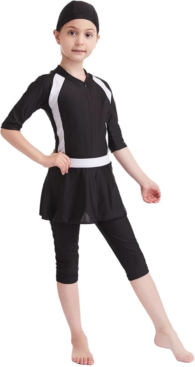 Girls Muslim Swimsuits with Swim Cap & Skirt Rash Guard Full Coverage Full Zip Beach Swimwear for Girls Size 2-15