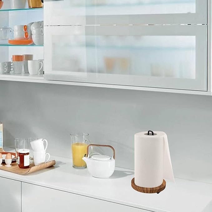 Tribello Modern Farmhouse Paper Towel Holders for Kitchen, Vintage Wire and Wood Countertop Paper Towel Holder