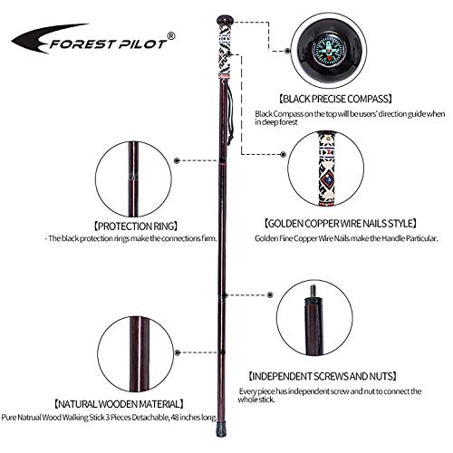 FOREST PILOT 3pc Detachable Hardwood Walking Stick for Hiking with Compass 48 Inches - Soft Hand Strap - Rubber Tip Cover