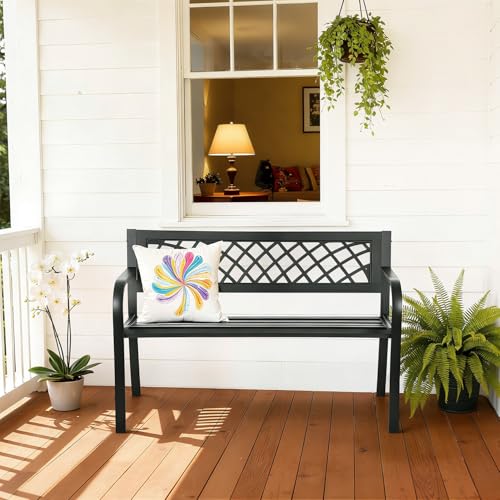 Garden Bench,Outdoor Benches,Iron Steel Frame Patio Bench with Mesh Pattern and Plastic Backrest Armrests for Lawn Yard Po...