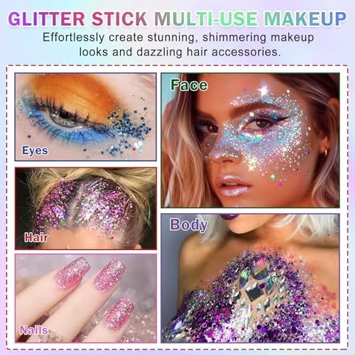 IONSGAKO Sparkling Rainbow Body Glitter Stick, Face Body Glitter Gel Holographic Hair Glitter Halloween Chunky Sequin Wate...