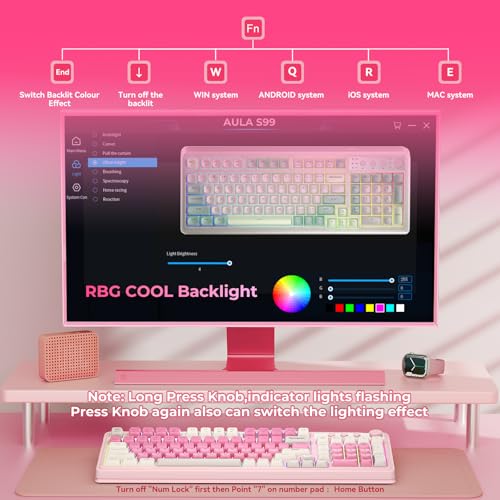 AULA 99 Key Keyboard, Wireless Gaming Keyboard Bluetooth Computer Keyboards Creamy Cute with Number Pad RGB Backlit Tri-Mo...