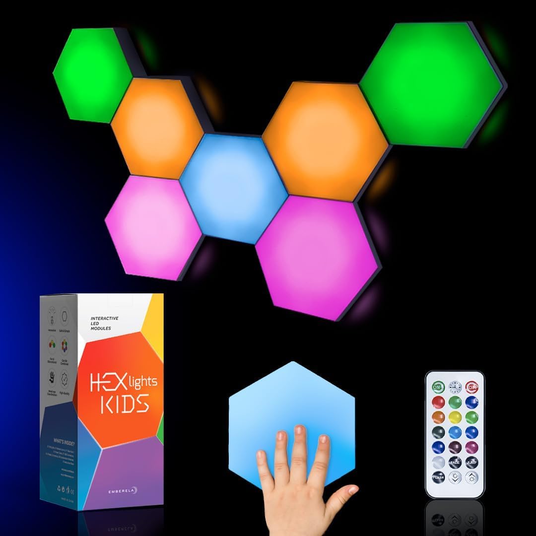 Emberela HEXlights Sensory Lights for Kids - 7pk Touch Hexagon Lights, Remote Controlled - Autism-Friendly Tap Tap Wall LED Panels for Sensory Room - Table Stand Included