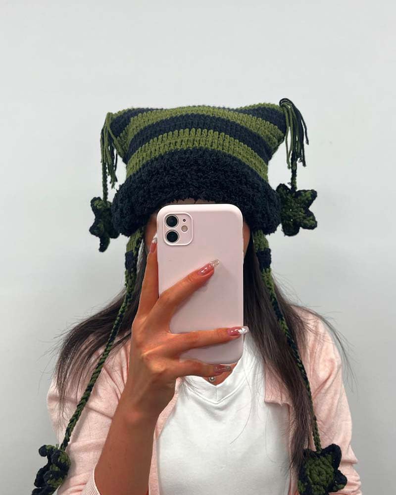 CZDCB Y2k Beanie Knitted Hat Cute Cat Beanie Warm Loose Crochet Hat Women Black Green with Pendant