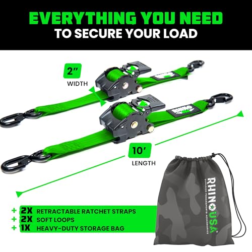 Rhino USA Retractable Ratchet Straps (2-Pack) - 2 Inch x 10 Feet (3,033lb Break Strength) - Heavy Duty Auto Self Retractin...