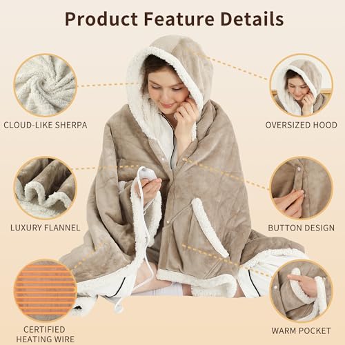 ESTINGO Wearable Heated Blanket Electric Throw, Heated Shawl with 6 Heating Levels and 1-4 Hours Auto Off, Heated Hoodie W...