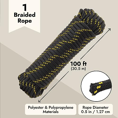 Built Industrial Diamond Braided Rope - 1/2 in x 100 ft, Black & Yellow - Polyester Heavy Duty Rope for Camping, Outdoor G...