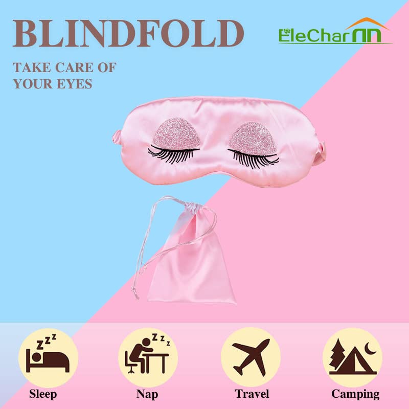 EleCharm Sweet Girl's Satin Eye Mask Long Eyelash Embroidered Eye Cover Sleeping Eyeshade with Portable Pouch