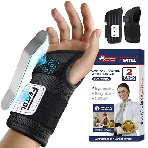 FEATOL 2 Pack Carpal Tunnel Wrist Brace For Work With Wrist Splint, 6.5'' Wrist Brace Night Support For Women Men, Pain Re...