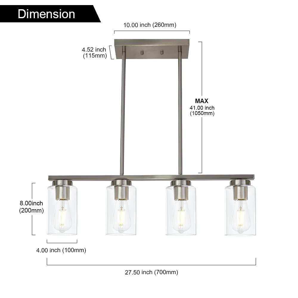 TODOLUZ Modern Kitchen Island Light, 4-Lights, Clear Glass Shades, Metal, Brushed Nickel