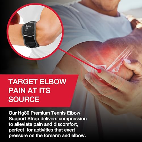 MUELLER Sports Medicine Hg80 Premium Tennis Elbow Support Strap, Elbow Pain Relief Brace For Men and Women, Black,
