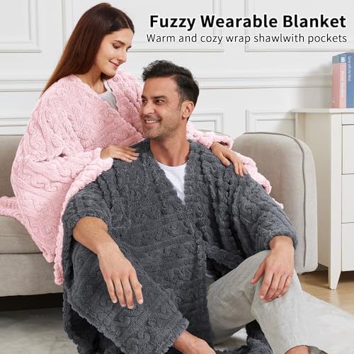 Dgsfmi Wearable Blanket Poncho Cape Wrap for Adult, Cozy Sherpa Fleece Pocketed Shawl TV Throw Blankets for Office and Lou...