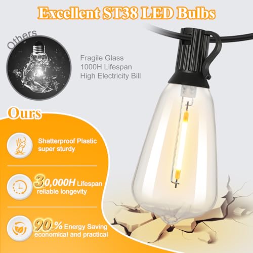 Brightever LED Outdoor String Lights 100FT Patio Lights with 52 Shatterproof ST38 Vintage Edison Bulbs, Outside Hanging Li...
