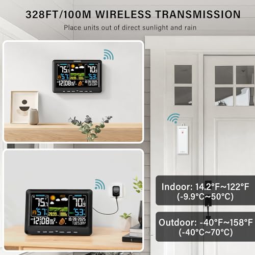 BluSon Weather Station Wireless Indoor Outdoor Thermometer, Color Display Digital Temperature Humidity Monitor with Atomic...