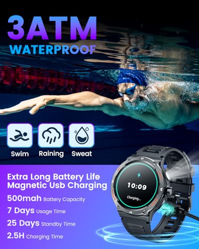 Smartwatch for Men Android Fitness Tracker: 1.53" Military Smart Watch with Flashlight Compass Make Answer Bluetooth Call ...