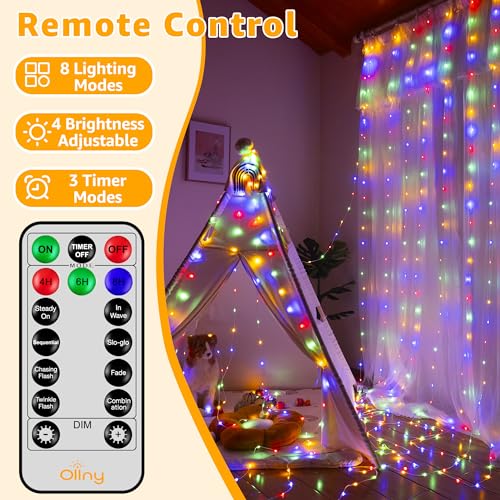 Ollny Curtain Lights 600LED 19.7ft x 9.8ft, IP67 Waterproof Outdoor Curtain Rice Lights with Remote, Plug-in Untangle Fair...