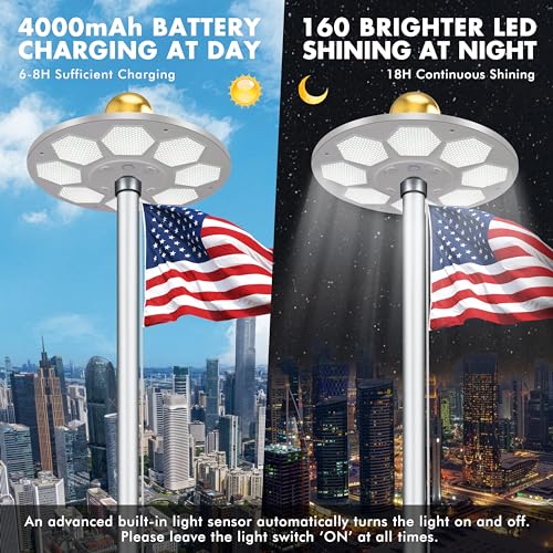 Aurolit Flagpole Light Solar Powered, 6 Updated Ultra Bright 160 LED for 15-25 Ft Poles, 15 Hour Dusk to Dawn Auto On/Off,...