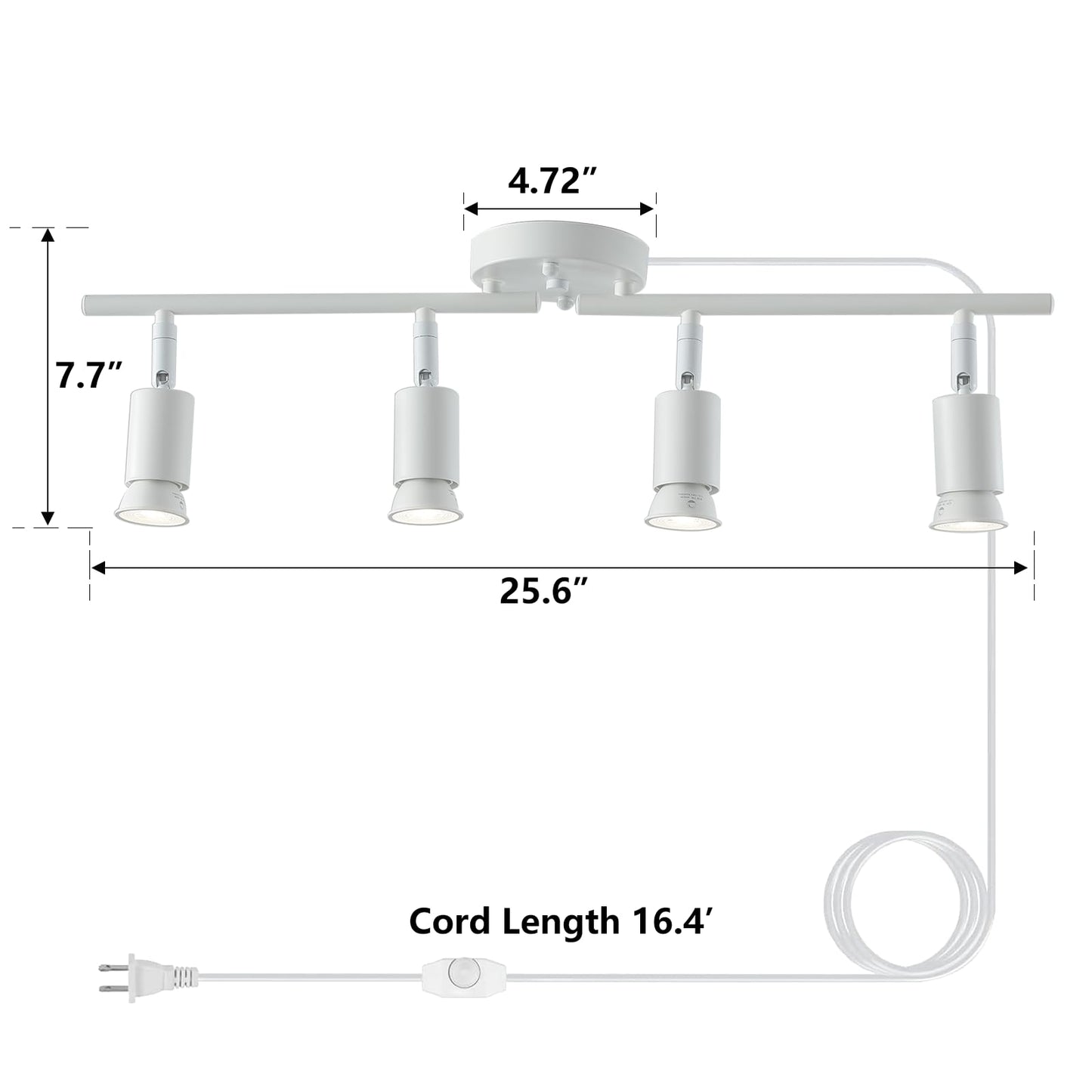 Vivihobb Plug In Track Light White 4 Light Plug In Ceiling Lighting Fixture With 16.4 Long Cord 4 Way Ceiling Spotlight Rotatable Wall Mount Light Head