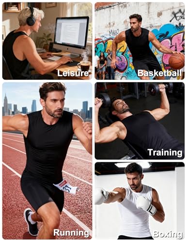 OYGSieg 5/6 Pack Men's Athletic Compression Shirts Sleeveless Tank Top Base Layer Sports Workout Shirts for Basketball