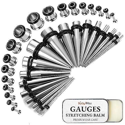 BodyJ4You 37PC Ear Stretching Kit - Beginner Gauges 14G-00G Starter Set - Aftercare Balm Wax - Steel Tapers Single Flare P...