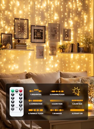 Brightown 300 LED Fairy Curtain Lights, 9.8ft x 9.8ft Warm White Curtain String Lights, USB Plug in 8 Lighting Modes Chris...