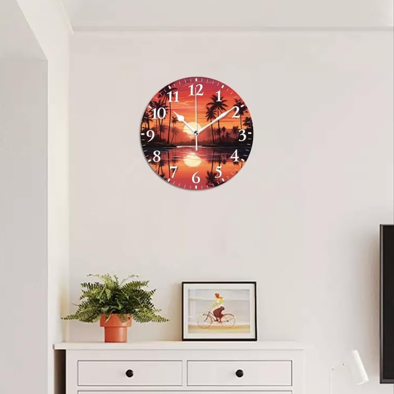 Sunset Wall Clock Non-Ticking Silent Clocks Battery Operated Analog Decor Clock for Home-Sunset with Palm Trees and Reflections On The Water(10inch)