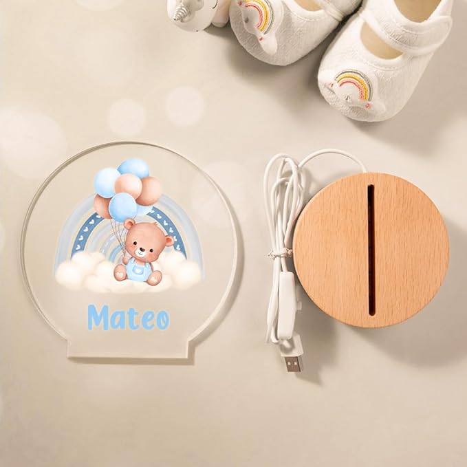 callie Acrylic Night Light Name Plate Personalized, Custom Cute Sleep Bear with Wooden Base Bedroom Decor, Birthday Gifts Christmas Gifts for Family (Cute Bear)