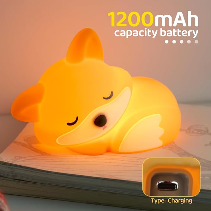 S NMT Cute Silicone Fox Night Light for Kids, Rechargeable Sleeping Nursery Nightlights with Timing Function for Christmas Gift, Dimmable Beside Decoration Lamp
