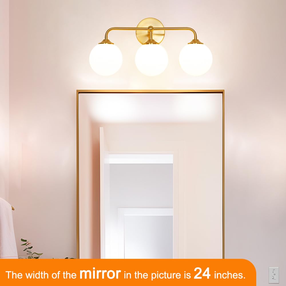Modern Brushed Gold 3-Lights Vanity Light Fixtures With Milky White Glass Ball Shades  Mid Century Brass Wall Sconce Lighting Fixtures Over Mirror  Wall Sconces For Bathroom Dressing Table Bedroom