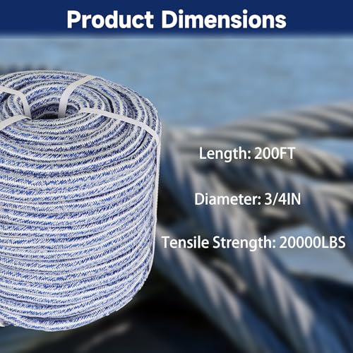 elfinrm Arborist Tree Rope, 3/4inch by 200FT, 24 Strand Bull Rope up to 20000lbs Tensile Strength, Blue and White