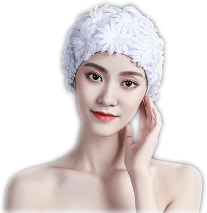 Women's Swan Style Elegant Floral Swimming Cap Pastel Bathing Cap High Elastic Short Long Hair Bath Hat