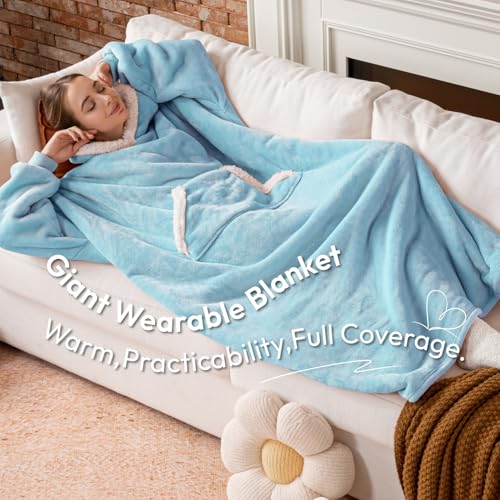 Sioloc Wearable Blanket Hoodie for Women/Kids/Men, Oversized & Cozy Sherpa Lined Hoodie Sweatshirt Blanket(Baby Blue,Overs...