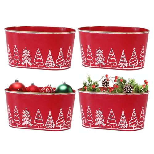 Putuo Decor 4 Packs Christmas Oval Metal Ice Buckets, Christmas Decorations Galvanized Storage Beverage Tubs Tin Bucket Pa...