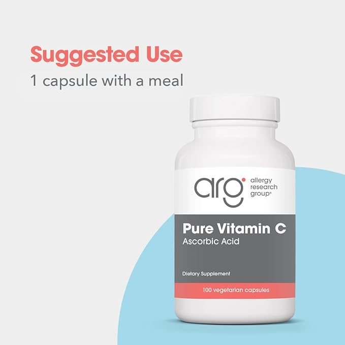 Allergy Research Group Pure Vitamin C Supplement - Ascorbic Acid, 1000mg Organic Vitamin C, High Potency, Unbuffered, Mild Acidity, Vegetarian Capsules - 100 Count