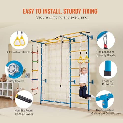 VEVOR Indoor Jungle Gym for Toddlers, 7-in-1 Climbing Playset with Carbon Steel Swedish Ladder, Wall Ladder, Pull-Up Bar, ...