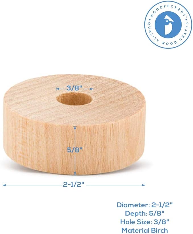 2-1/2-inch Diameter Slab Wooden Wheels for Crafts 3/8-inch Hole, 3/4-inch Thick, Pack of 4 Mini Craft Wheel for Model, by Woodpeckers